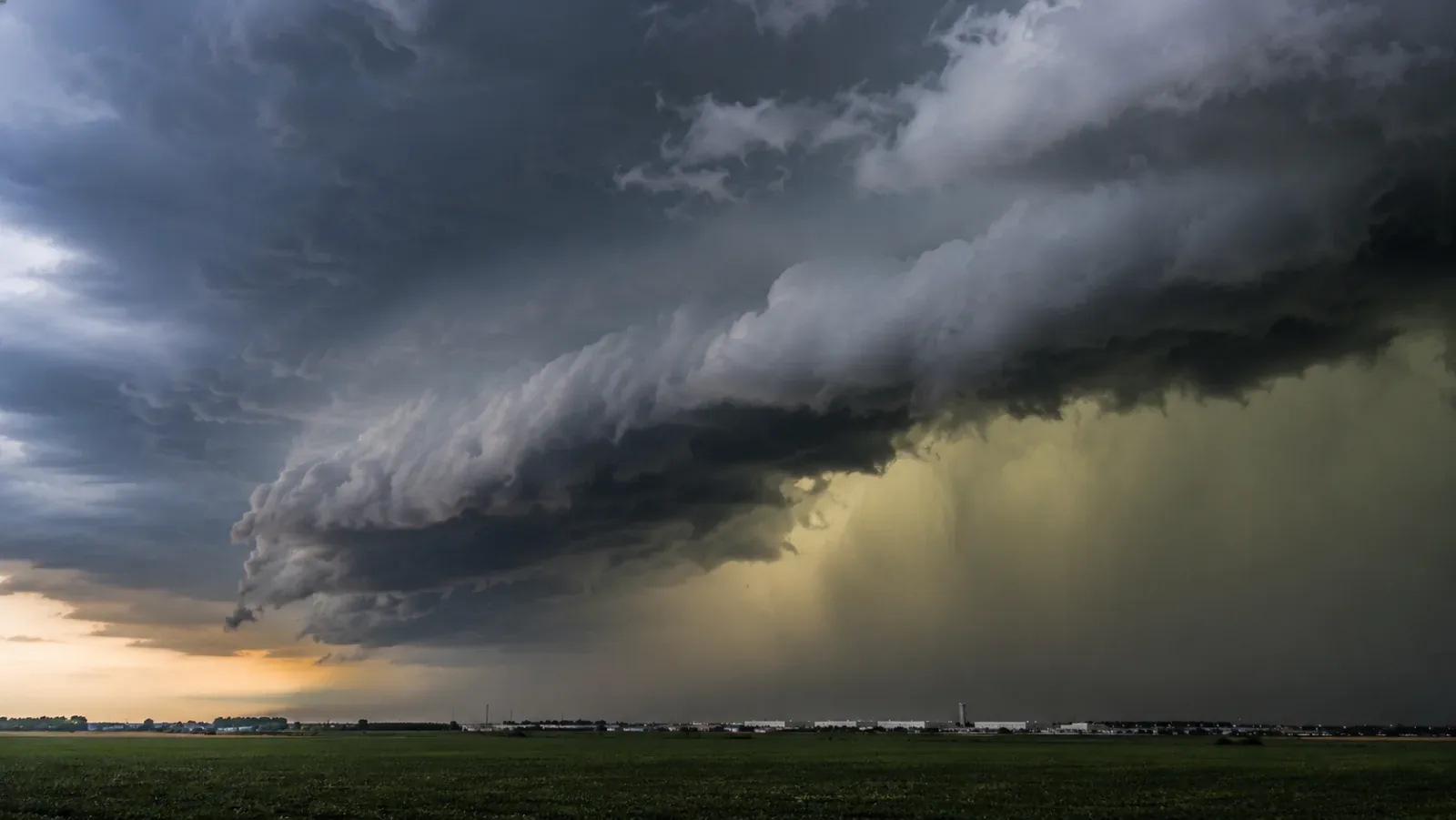 Imposing storm shelf cloud with downburst and hail showers over an industrial area in Northern Italy