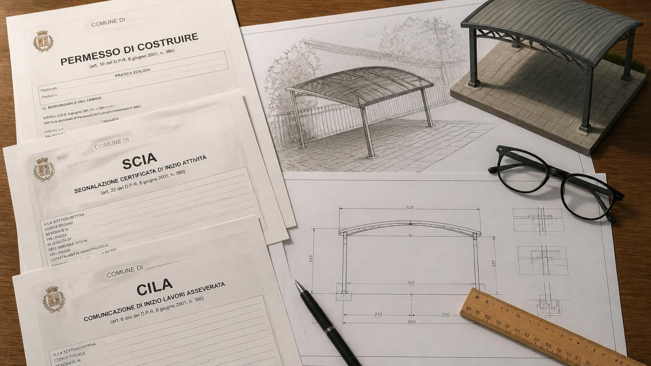 Italian municipal permit forms (Permesso di Costruire, SCIA, CILA) on a desk with a car canopy blueprint and a dimensioned technical drawing