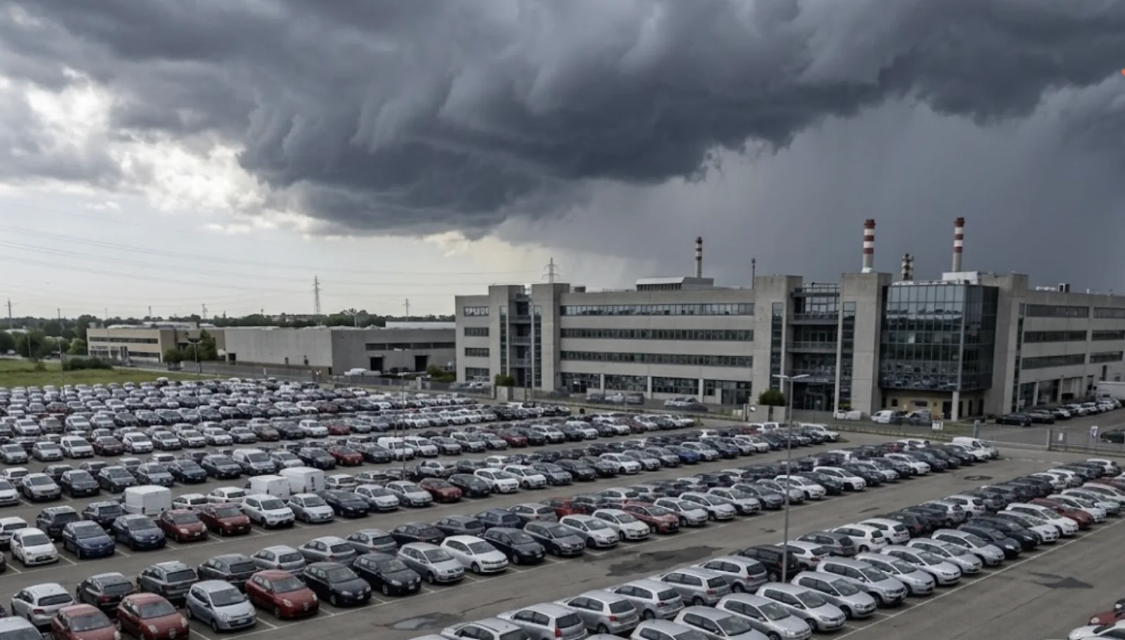 Parcheggio aziendale scoperto con flotta di auto esposta a temporale e nubi minacciose di grandine sopra uno stabilimento industriale italiano