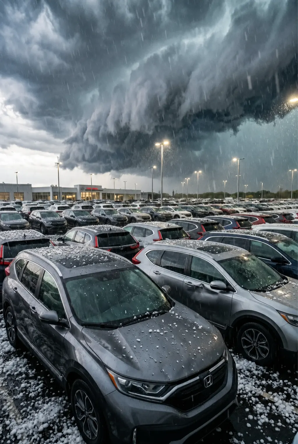 Cielo tempestoso con nuvole minacciose sopra un piazzale di concessionaria auto
